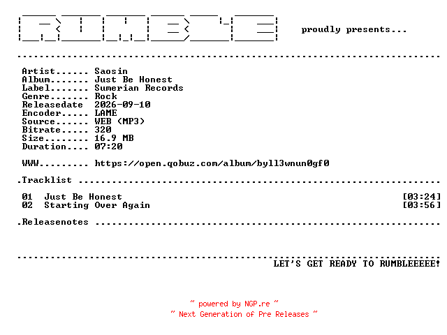NFO for the release Saosin-Just_Be_Honest-SINGLE-(WEB)-2026-RUMBLE by RUMBLE