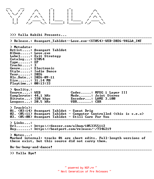 NFO for the release Avangart_Tabldot--Love.exe-(ST054)-WEB-2026-YALLA_INT by YALLA_INT
