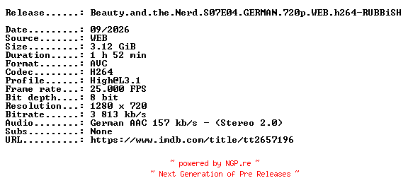 NFO for the release Beauty.and.the.Nerd.S07E04.GERMAN.720p.WEB.h264-RUBBiSH by RUBBiSH