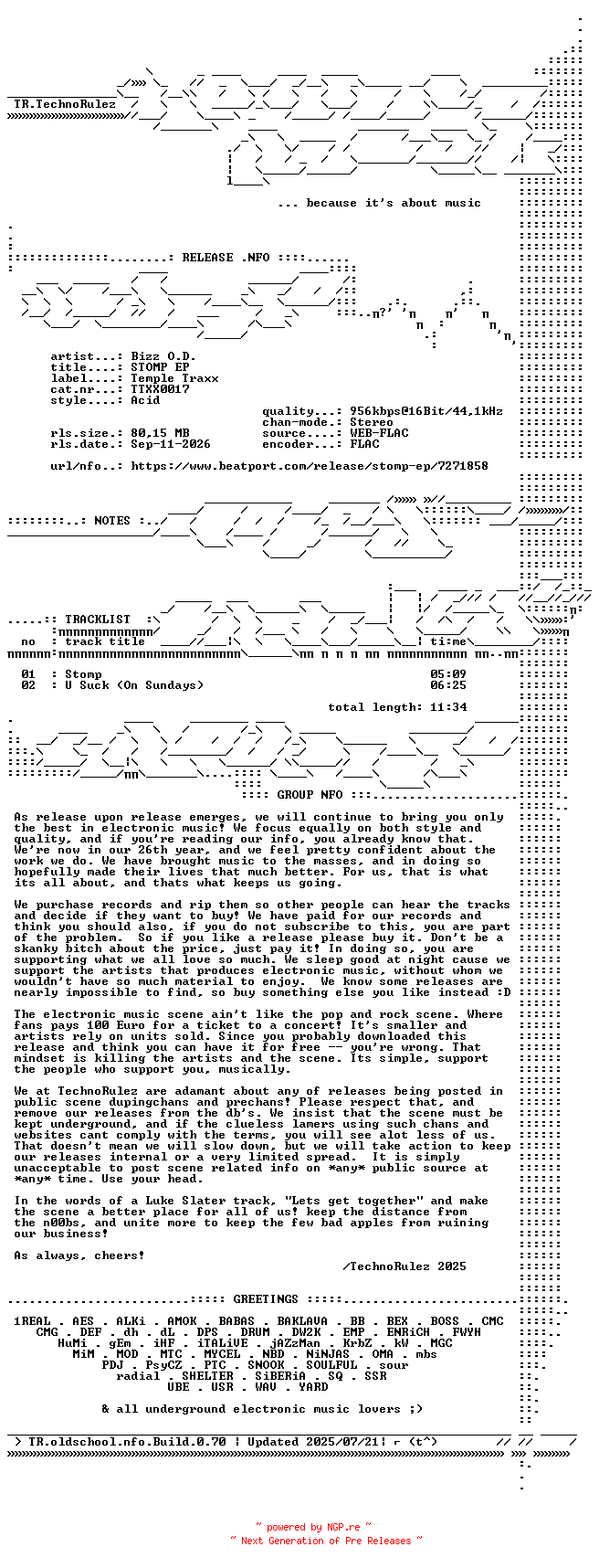 NFO for the release Bizz_O.D.-STOMP_EP-(TTXX0017)-16BIT-WEB-FLAC-1996-TR by TR