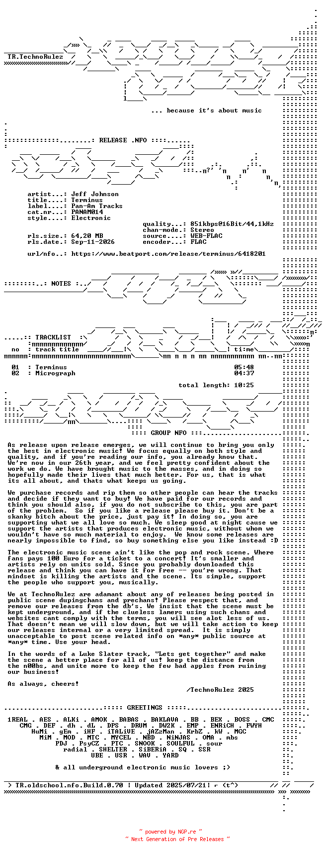 NFO for the release Jeff_Johnson-Terminus-(PANAM014)-16BIT-WEB-FLAC-2026-TR by TR