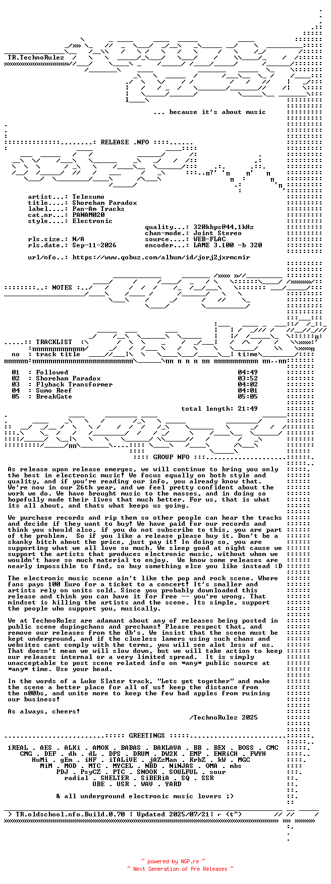 NFO for the release Telesumo-Shoreham_Paradox-(PANAM020)-WEB-2026-TR by TR