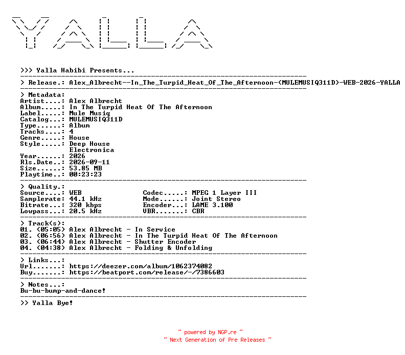 NFO for the release Alex_Albrecht--In_The_Turpid_Heat_Of_The_Afternoon-(MULEMUSIQ311D)-WEB-2026-YALLA by YALLA