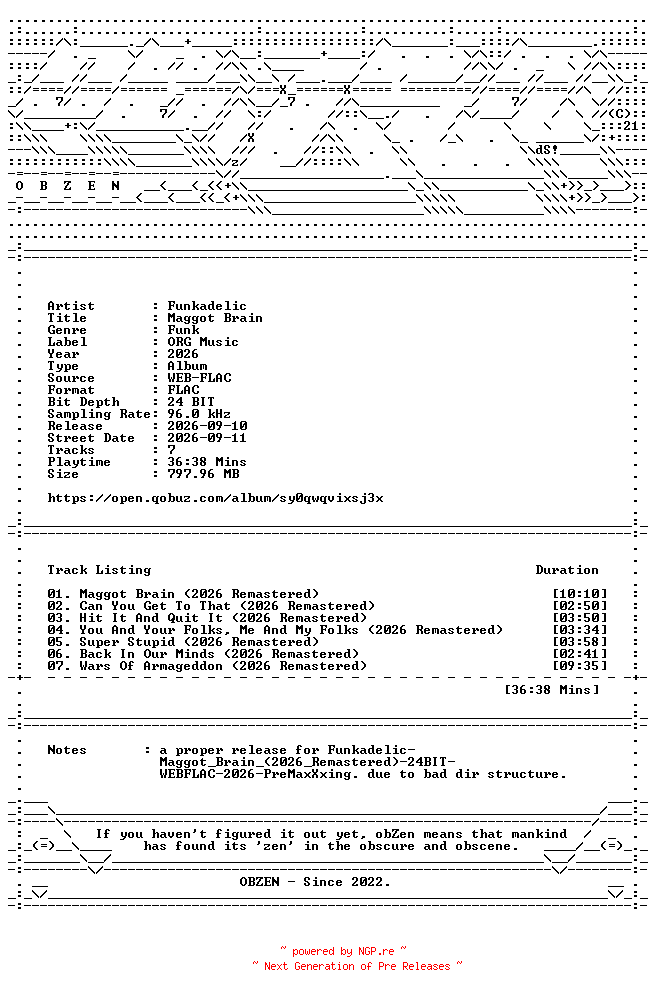 NFO for the release Funkadelic-Maggot_Brain-PROPER-REMASTERED-24BIT-96KHZ-WEB-FLAC-2026-OBZEN by OBZEN