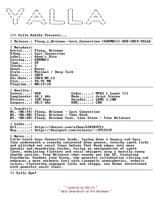 NFO for the release Floog_x_Brizman--Lost_Connection-(ADAM013)-WEB-2024-YALLA by YALLA