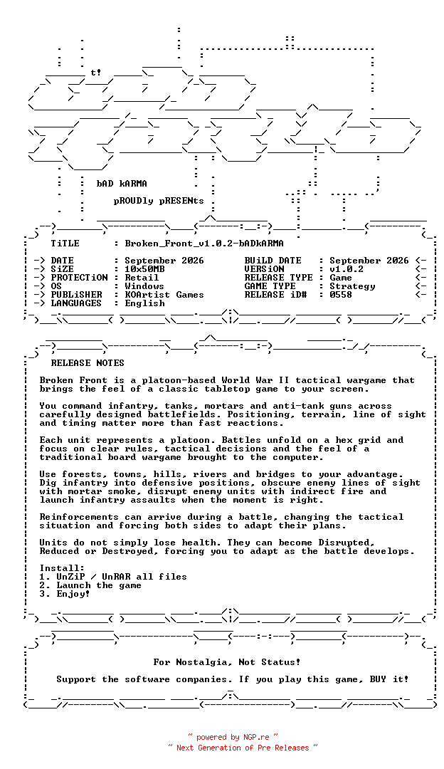 NFO for the release Broken_Front_v1.0.2-bADkARMA by bADkARMA