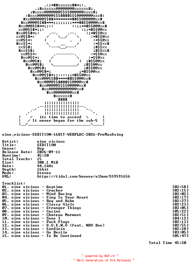 NFO for the release nine_vicious-SEDITION-16BIT-WEBFLAC-2026-PreMaxXxing by PreMaxXxing