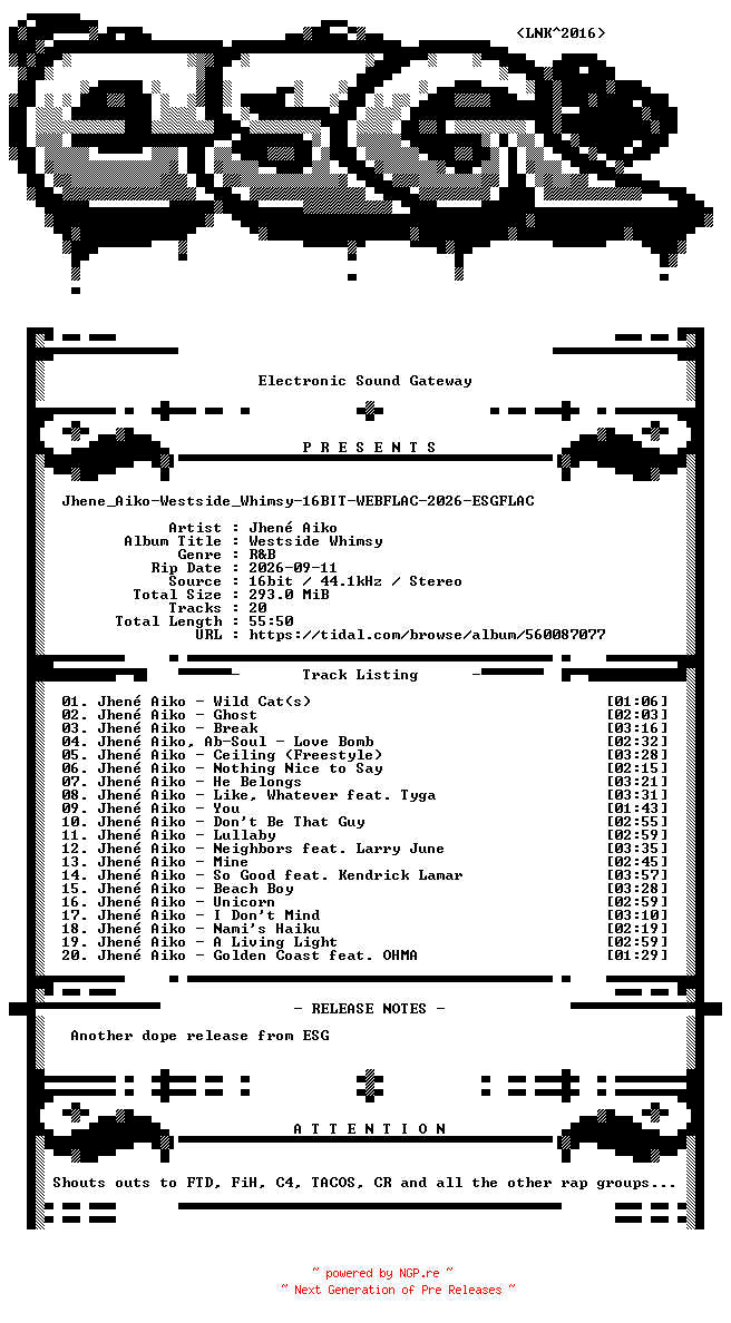 NFO for the release Jhene_Aiko-Westside_Whimsy-16BIT-WEBFLAC-2026-ESGFLAC by ESGFLAC