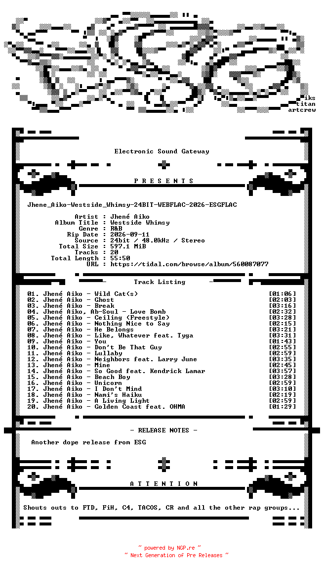 NFO for the release Jhene_Aiko-Westside_Whimsy-24BIT-WEBFLAC-2026-ESGFLAC by ESGFLAC