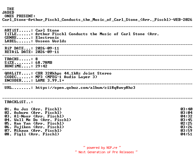 NFO for the release Carl_Stone-Arthur_Fischl_Conducts_the_Music_of_Carl_Stone_(Arr._Fischl)-WEB-2026-JADED by JADED