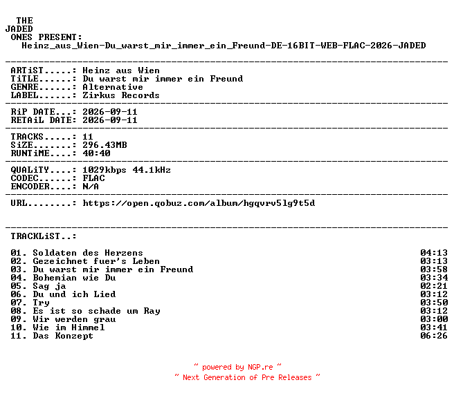 NFO for the release Heinz_aus_Wien-Du_warst_mir_immer_ein_Freund-DE-16BIT-WEB-FLAC-2026-JADED by JADED