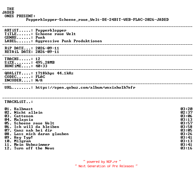 NFO for the release Popperklopper-Schoene_raue_Welt-DE-24BIT-WEB-FLAC-2026-JADED by JADED