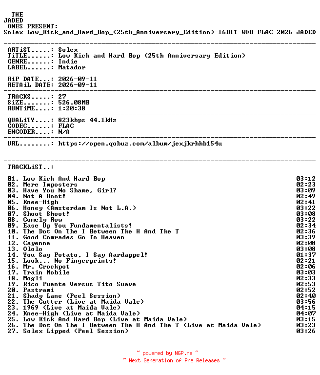 NFO for the release Solex-Low_Kick_and_Hard_Bop_(25th_Anniversary_Edition)-16BIT-WEB-FLAC-2026-JADED by JADED