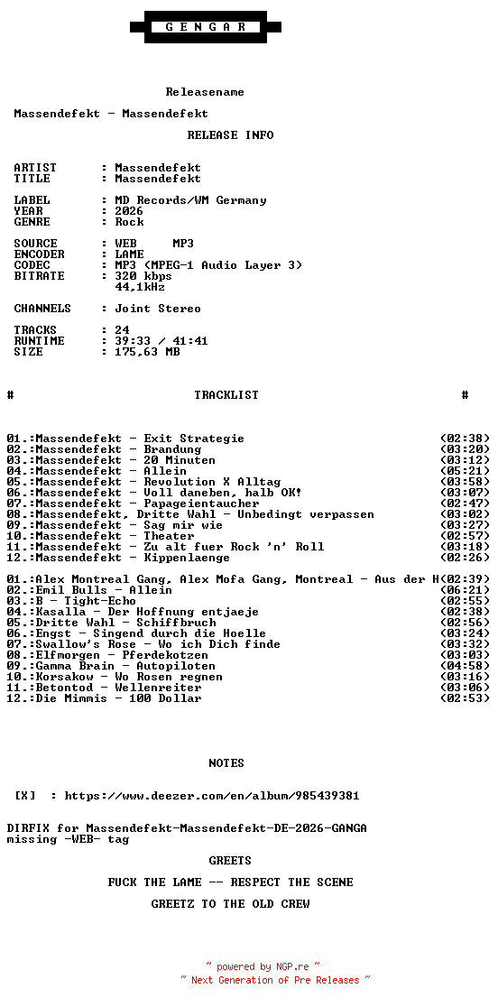 NFO for the release Massendefekt-Massendefekt-DIRFIX-WEB-DE-2026-GANGA by GANGA