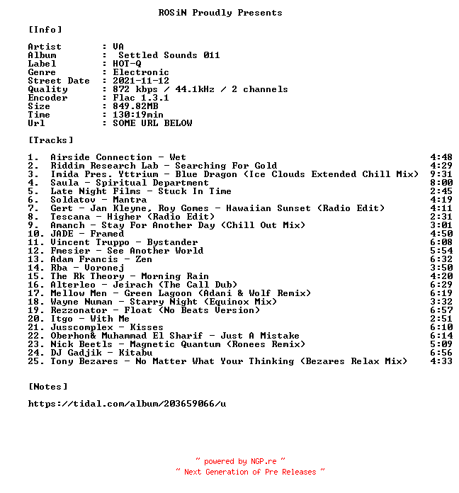 NFO for the release VA-Settled_Sounds_011-16BIT-WEB-FLAC-2021-ROSiN by ROSiN