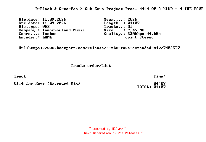 NFO for the release D-Block_And_S-Te-Fan_X_Sub_Zero_Project_Pres._4444_OF_A_KIND_-_4_THE_RAVE-(TML353)-SINGLE-WEB-2026-FMC by FMC