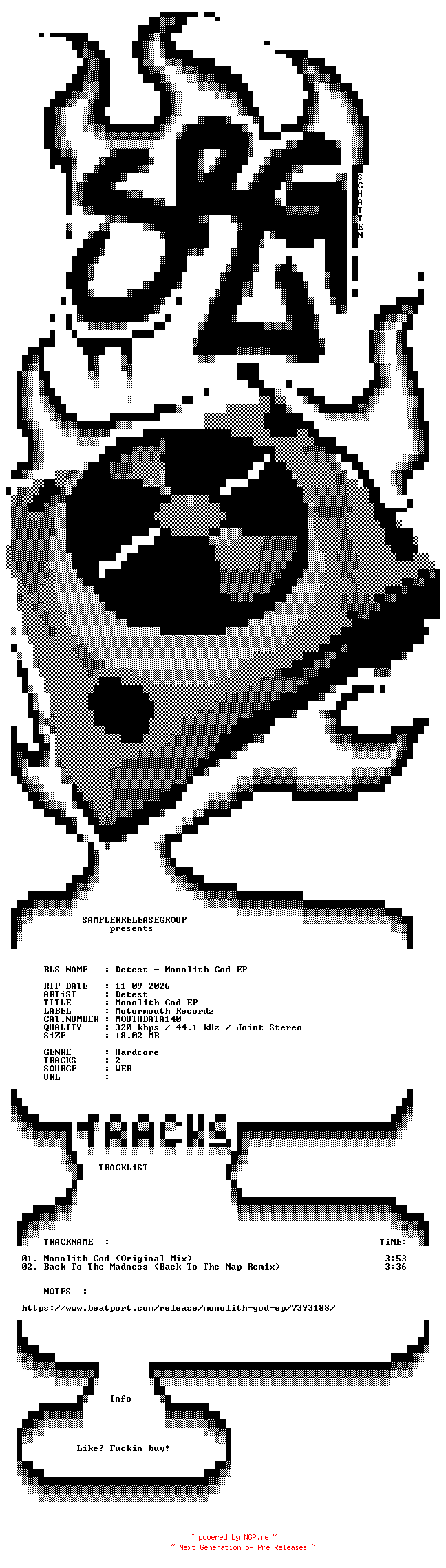 NFO for the release Detest_-_Monolith_God_EP-(MOUTHDATA140)-WEB-2026-SRG by SRG