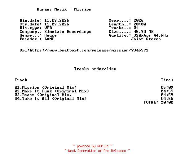NFO for the release Humans_Musik_-_Mission-(SML032)-WEB-2026-FMC by FMC