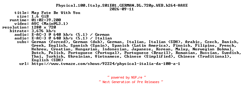 NFO for the release Physical.100.Italy.S01E01.GERMAN.DL.720p.WEB.h264-HAXE by HAXE