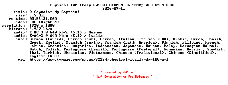 NFO for the release Physical.100.Italy.S01E03.GERMAN.DL.1080p.WEB.h264-HAXE by HAXE