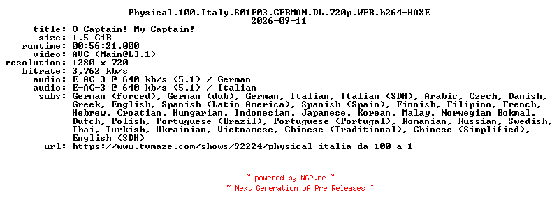 NFO for the release Physical.100.Italy.S01E03.GERMAN.DL.720p.WEB.h264-HAXE by HAXE