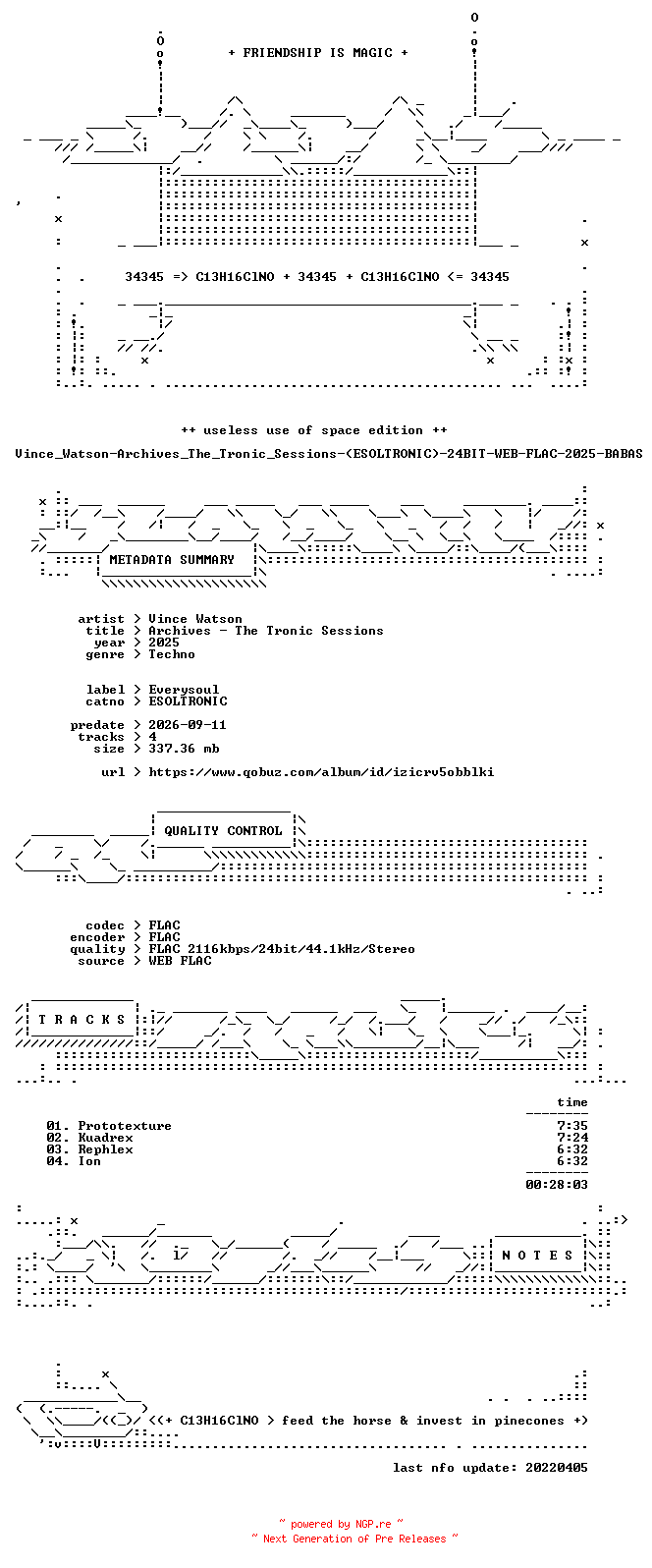 NFO for the release Vince_Watson-Archives_The_Tronic_Sessions-(ESOLTRONIC)-24BIT-WEB-FLAC-2025-BABAS by BABAS