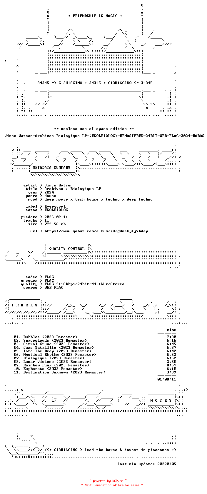 NFO for the release Vince_Watson-Archives_Biologique_LP-(ESOLBIOLOG)-REMASTERED-24BIT-WEB-FLAC-2024-BABAS by BABAS