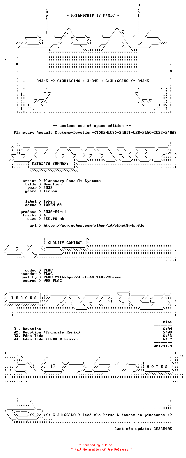 NFO for the release Planetary_Assault_Systems-Devotion-(TOKEN108)-24BIT-WEB-FLAC-2022-BABAS by BABAS