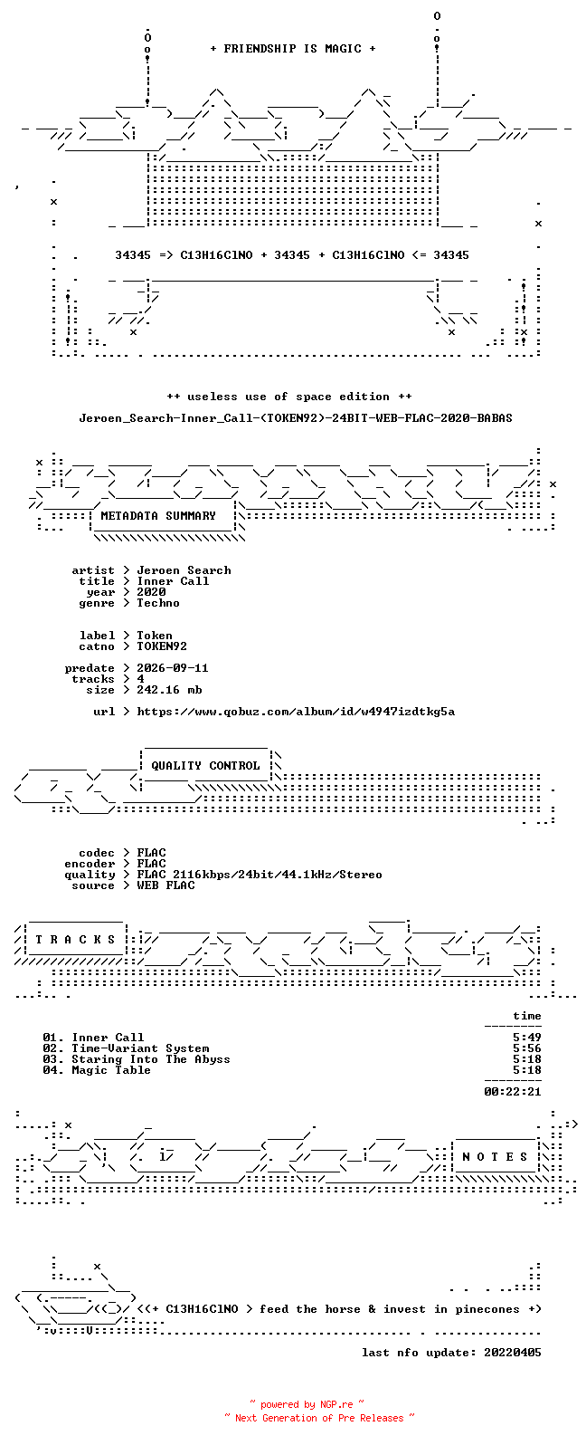 NFO for the release Jeroen_Search-Inner_Call-(TOKEN92)-24BIT-WEB-FLAC-2020-BABAS by BABAS