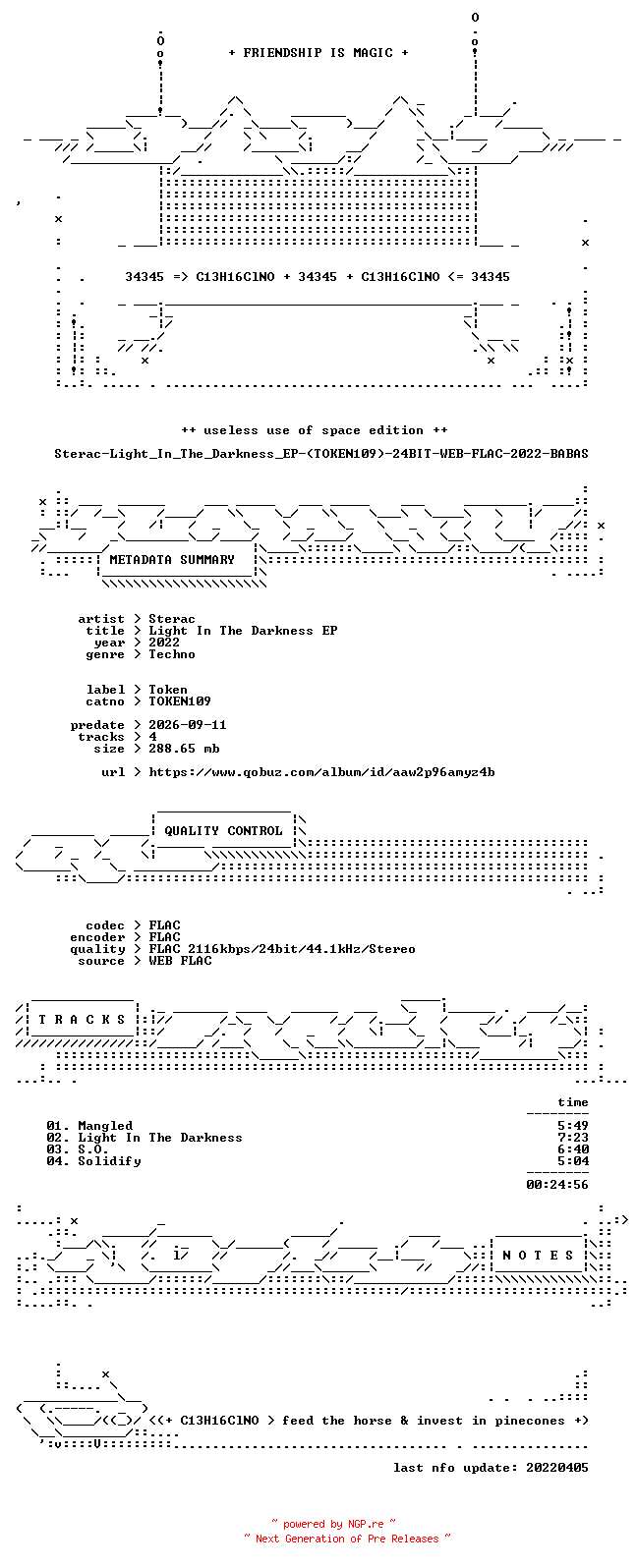 NFO for the release Sterac-Light_In_The_Darkness_EP-(TOKEN109)-24BIT-WEB-FLAC-2022-BABAS by BABAS
