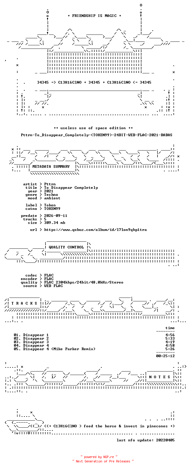 NFO for the release Pttrn-To_Disappear_Completely-(TOKEN99)-24BIT-WEB-FLAC-2021-BABAS by BABAS