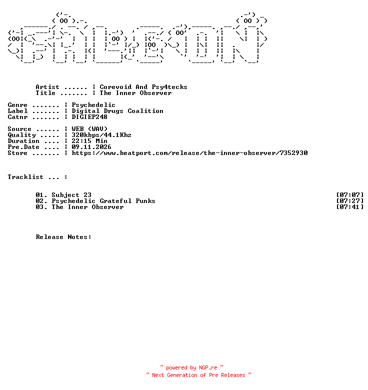 NFO for the release Corevoid_And_Psy4tecks-The_Inner_Observer-(DIGIEP248)-WEB-2026-FALCON by FALCON