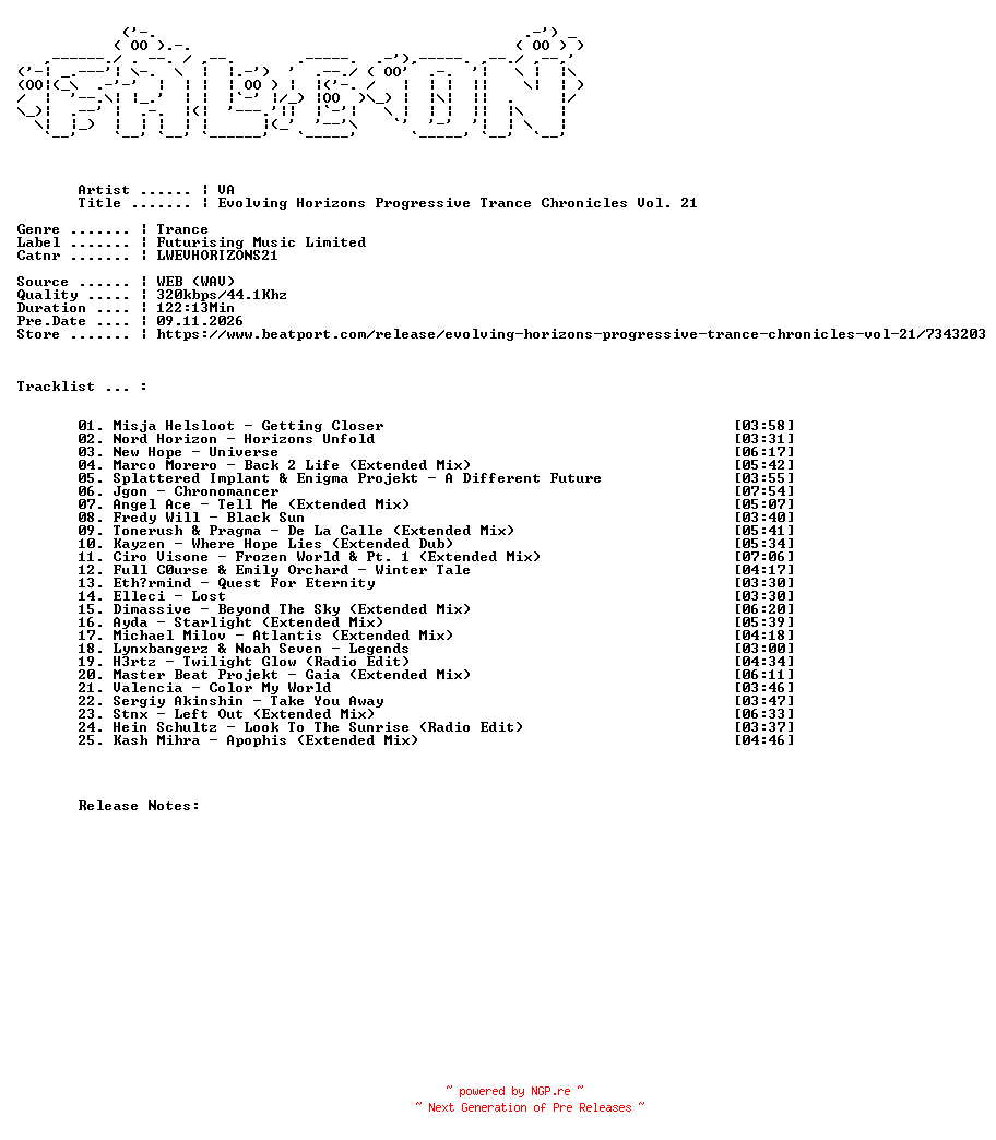 NFO for the release VA-Evolving_Horizons_Progressive_Trance_Chronicles_Vol._21-(LWEVHORIZONS21)-WEB-2026-FALCON by FALCON