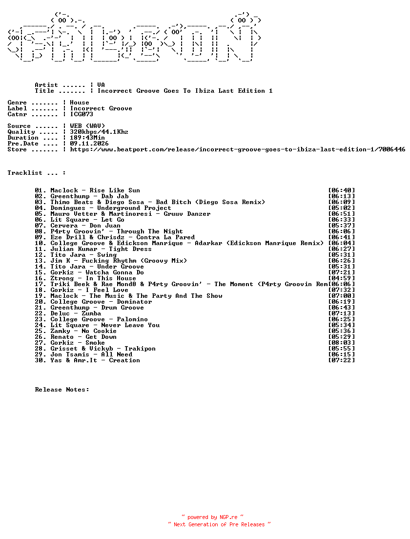 NFO for the release VA-Incorrect_Groove_Goes_To_Ibiza_Last_Edition_1-(ICG073)-WEB-2026-FALCON by FALCON