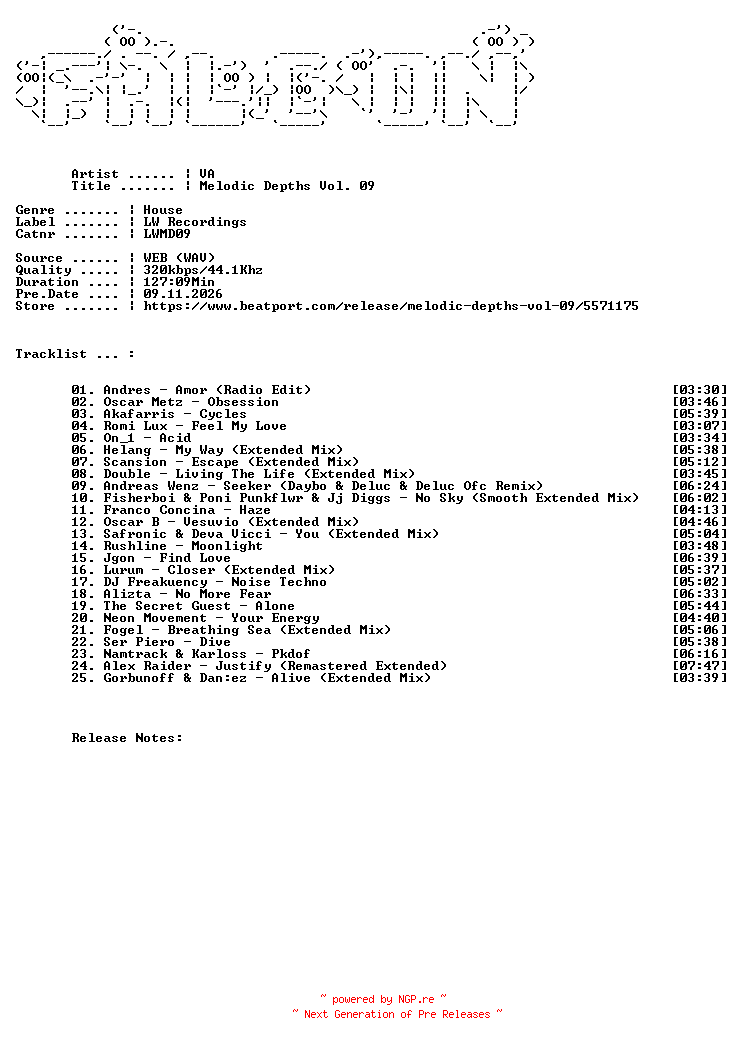 NFO for the release VA-Melodic_Depths_Vol._09-(LWMD09)-WEB-2025-FALCON by FALCON