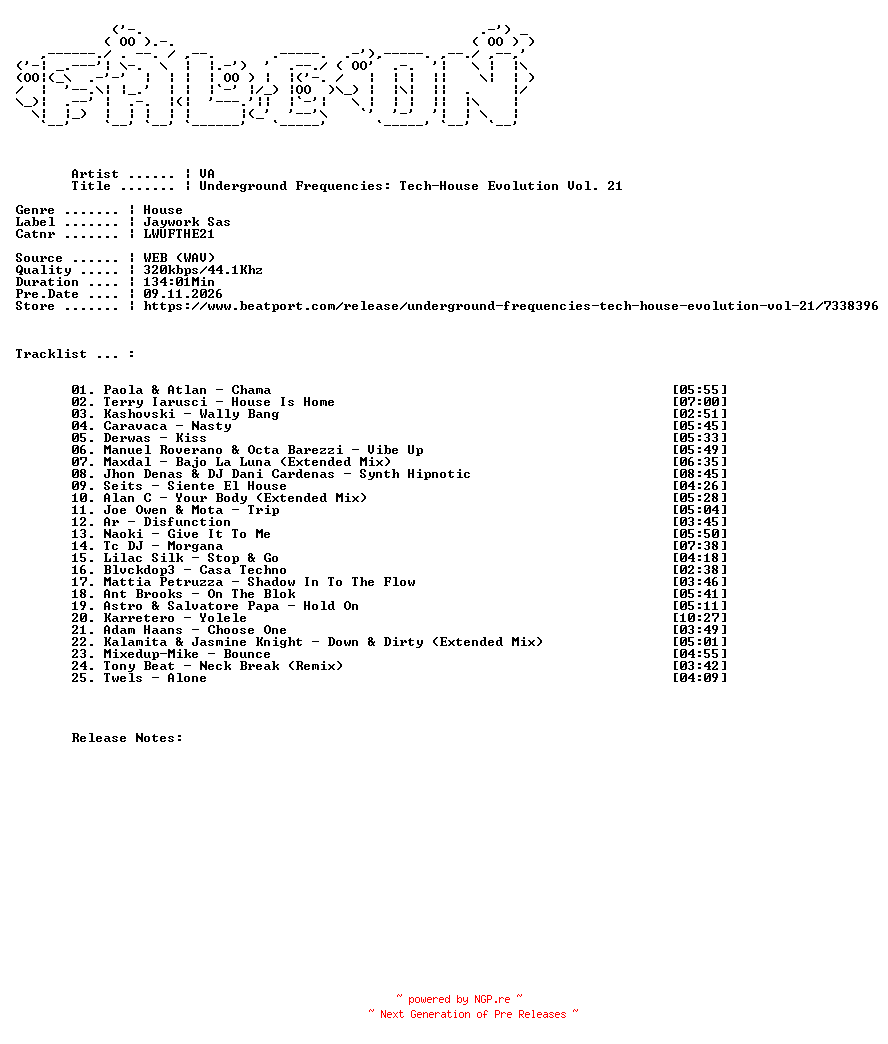 NFO for the release VA-Underground_Frequencies_Tech-House_Evolution_Vol._21-(LWUFTHE21)-WEB-2026-FALCON by FALCON