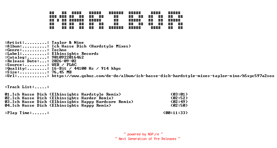 NFO for the release Taylor_and_Nine-Ich_Hasse_Dich_(Hardstyle_Mixes)-DE-16BIT-WEB-FLAC-2026-MARiBOR by MARiBOR