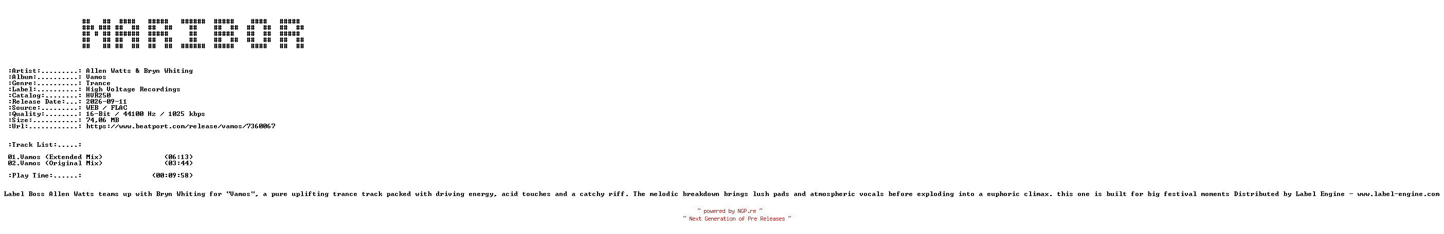 NFO for the release Allen_Watts_and_Bryn_Whiting-Vamos-(HVR250)-16BIT-WEB-FLAC-2026-MARiBOR by MARiBOR