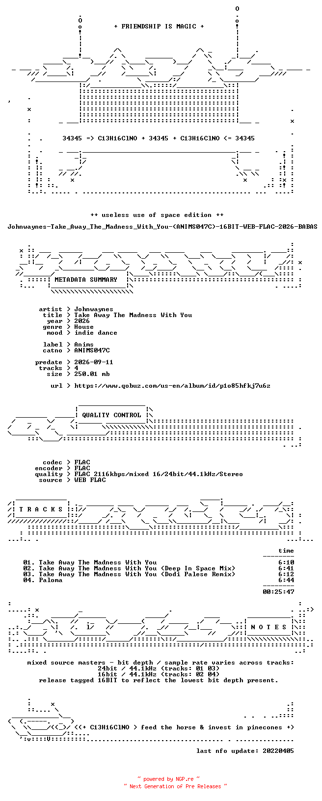 NFO for the release Johnwaynes-Take_Away_The_Madness_With_You-(ANIMS047C)-16BIT-WEB-FLAC-2026-BABAS by BABAS