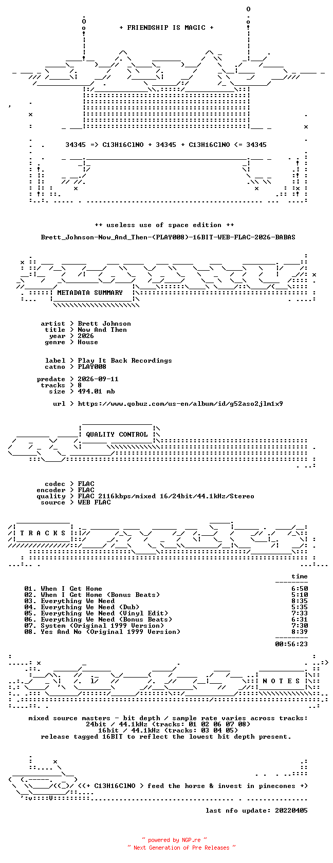 NFO for the release Brett_Johnson-Now_And_Then-(PLAY008)-16BIT-WEB-FLAC-2026-BABAS by BABAS