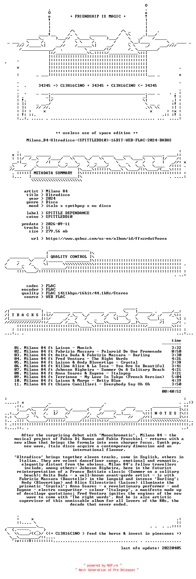 NFO for the release Milano_84-Ultradisco-(SPITTLEDD10)-16BIT-WEB-FLAC-2024-BABAS by BABAS