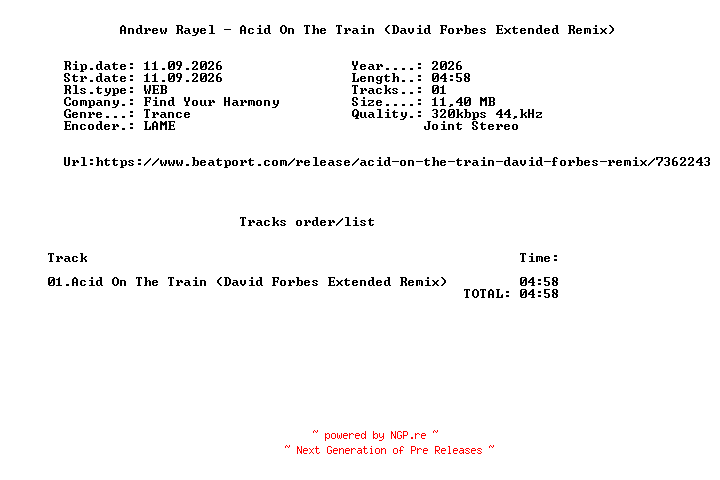 NFO for the release Andrew_Rayel_-_Acid_On_The_Train_(David_Forbes_Extended_Remix)-(FYH266)-SINGLE-WEB-2026-FMC by FMC