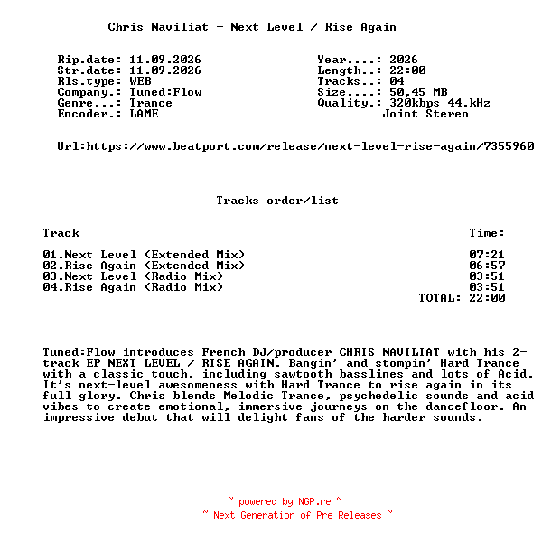 NFO for the release Chris_Naviliat_-_Next_Level__Rise_Again-(TF119X)-WEB-2026-FMC by FMC