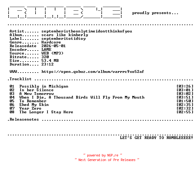 NFO for the release Septemberistheonlytimeidontthinkofyou-Scars_Like_Kimberly-(WEB)-2026-RUMBLE by RUMBLE