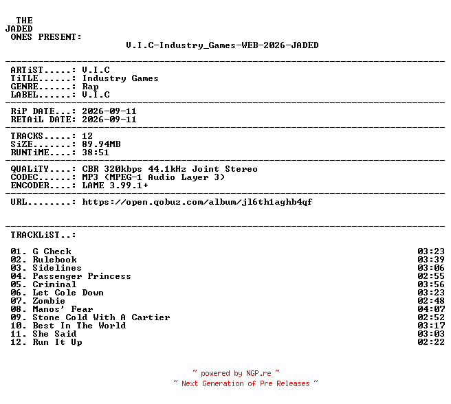 NFO for the release V.I.C-Industry_Games-WEB-2026-JADED by JADED