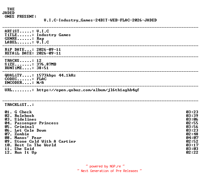 NFO for the release V.I.C-Industry_Games-24BIT-WEB-FLAC-2026-JADED by JADED