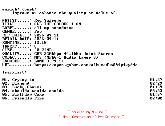 NFO for the release Ryu_Sujeong-ALL_THE_COLORS_I_AM-EP-WEB-KR-2026-ENRiCH by ENRiCH
