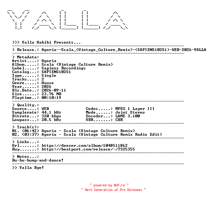 NFO for the release Agoria--Scala_(Vintage_Culture_Remix)-(SAPIENS102S1)-WEB-2026-YALLA by YALLA