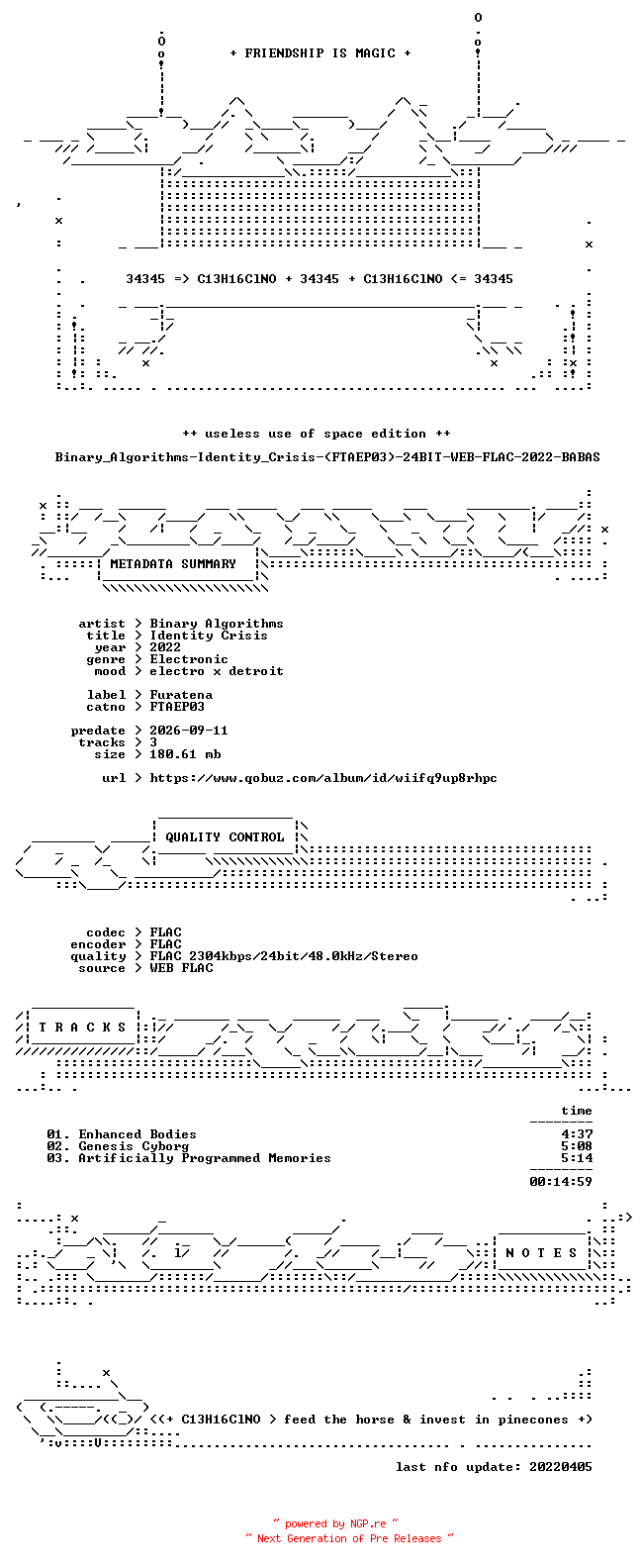NFO for the release Binary_Algorithms-Identity_Crisis-(FTAEP03)-24BIT-WEB-FLAC-2022-BABAS by BABAS