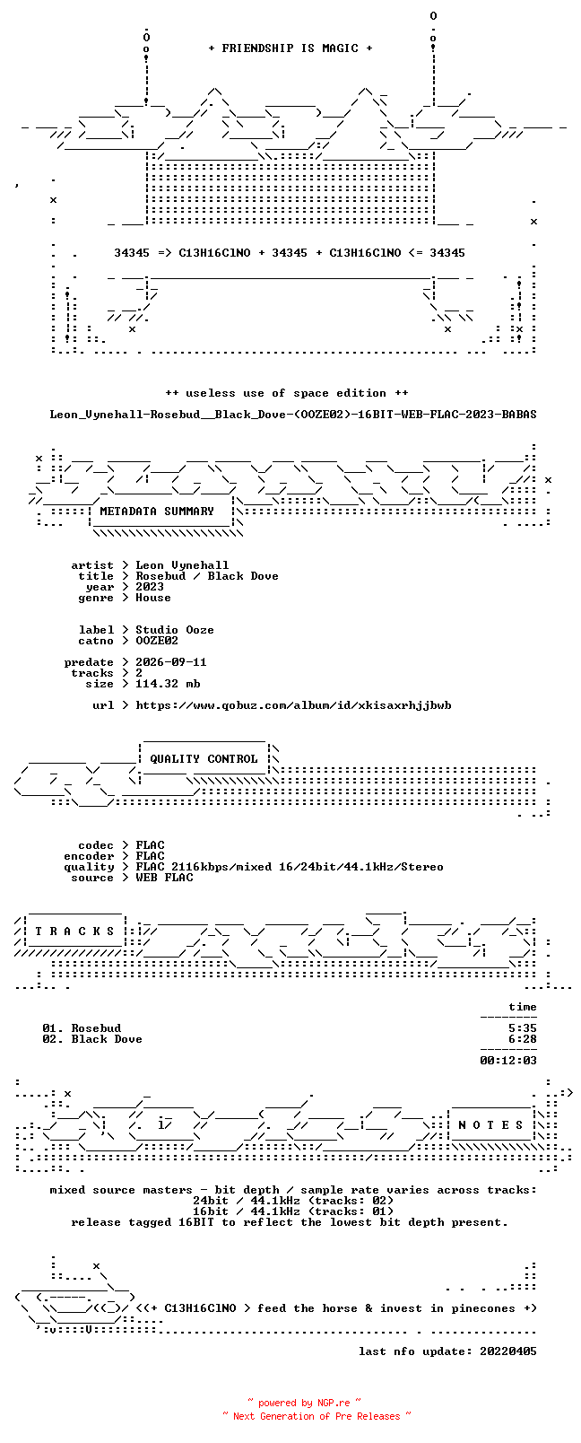 NFO for the release Leon_Vynehall-Rosebud__Black_Dove-(OOZE02)-16BIT-WEB-FLAC-2023-BABAS by BABAS